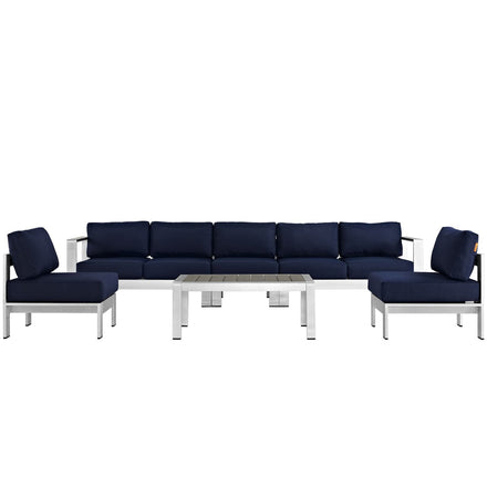 Shore 6 Piece Outdoor Patio Aluminum Sectional Sofa Set in Silver Navy