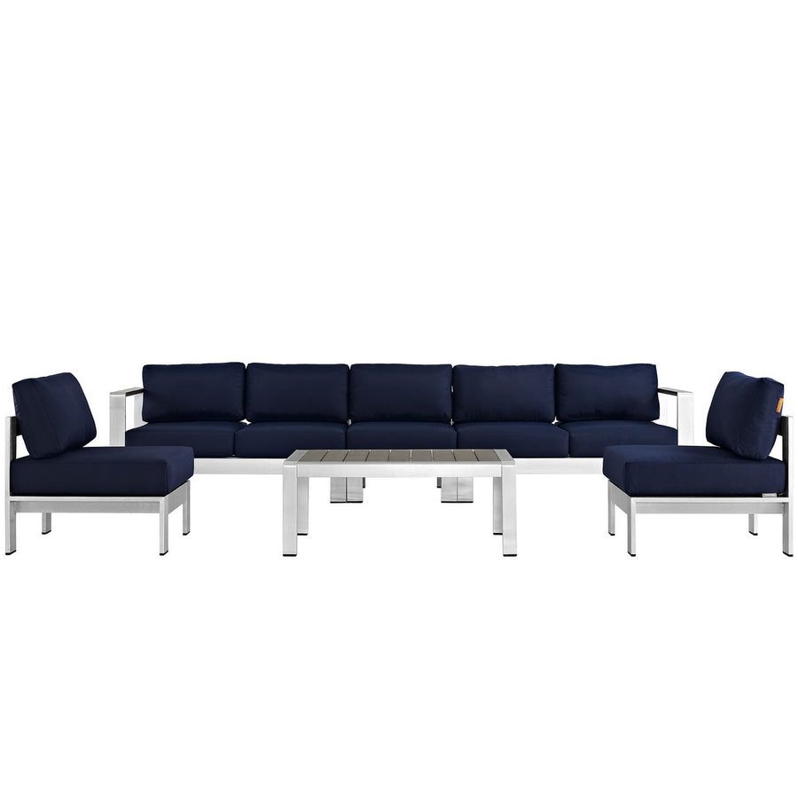 Marlow 6 Piece Outdoor Patio Aluminum Sectional Sofa Set in Silver Navy