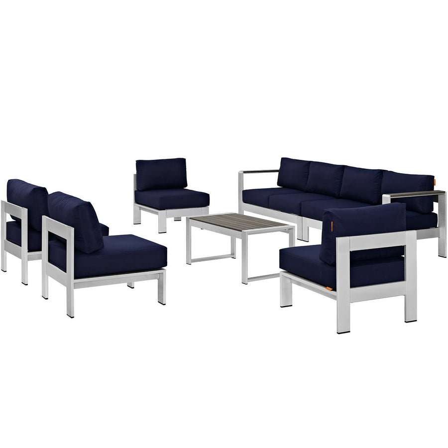 Marlow 7 Piece Outdoor Patio Sectional Sofa Set in Silver Navy