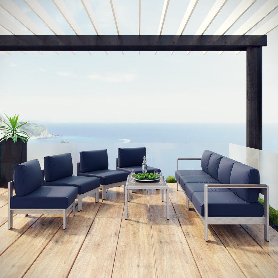 Marlow 7 Piece Outdoor Patio Sectional Sofa Set in Silver Navy