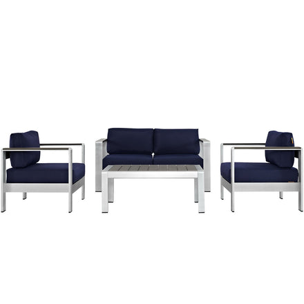 Shore 4 Piece Outdoor Patio Aluminum Sectional Sofa Set in Silver Navy