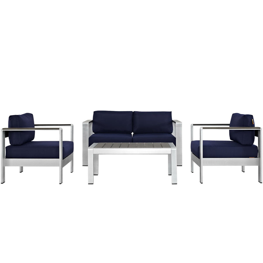 Marlow 4 Piece Outdoor Patio Aluminum Sectional Sofa Set in Silver Navy