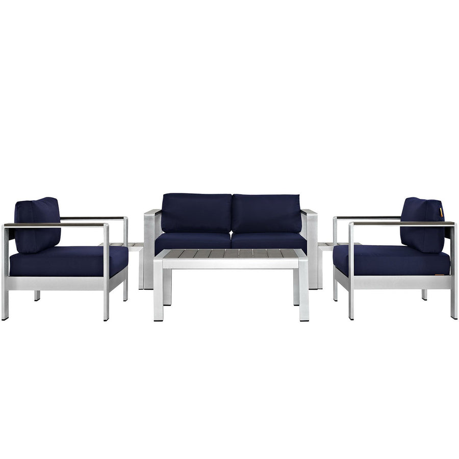 Marlow 6 Piece Outdoor Patio Aluminum Sectional Sofa Set in Silver Navy
