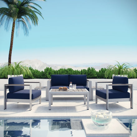 Shore 6 Piece Outdoor Patio Aluminum Sectional Sofa Set in Silver Navy
