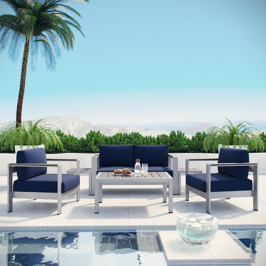 Marlow 6 Piece Outdoor Patio Aluminum Sectional Sofa Set in Silver Navy