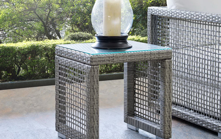 Cinder Outdoor Patio Wicker Rattan Side Table in Gray