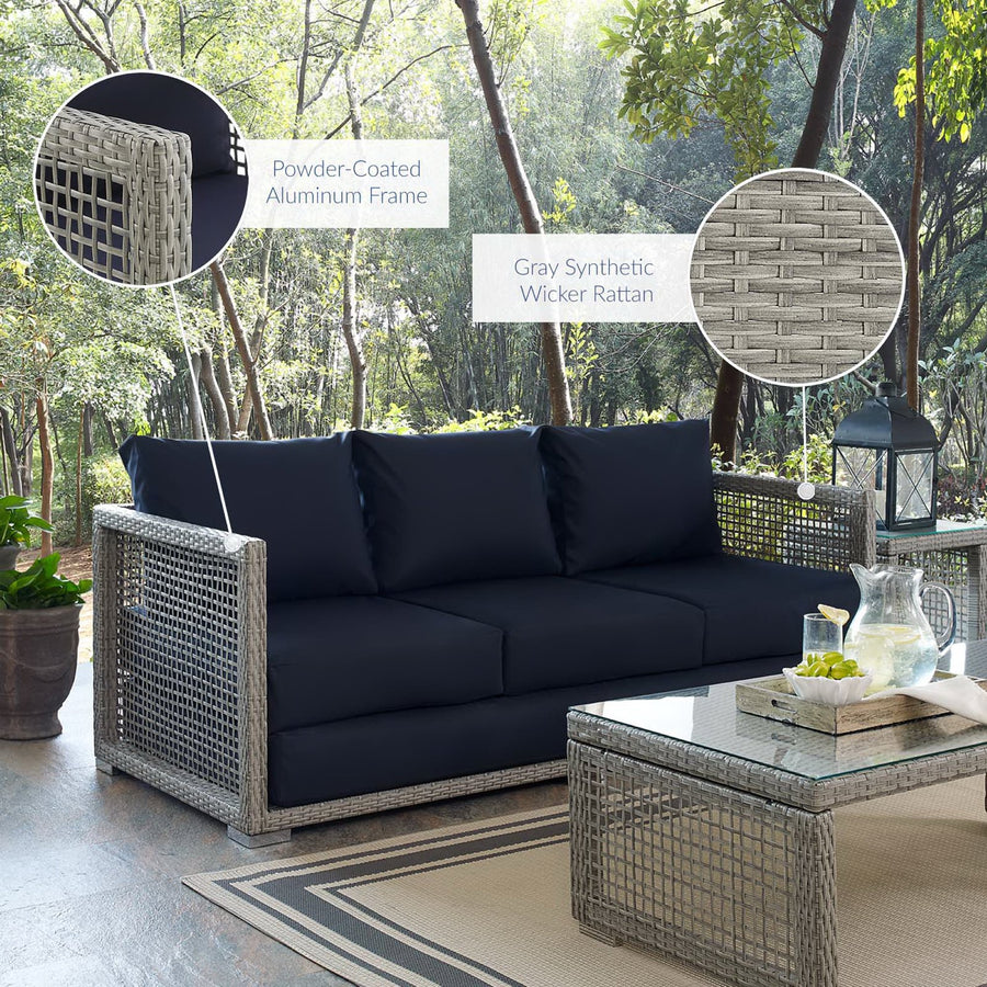 Cinder Outdoor Patio Wicker Rattan Sofa in Gray Navy