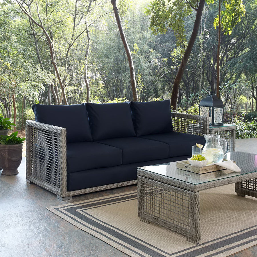 Cinder Outdoor Patio Wicker Rattan Sofa in Gray Navy