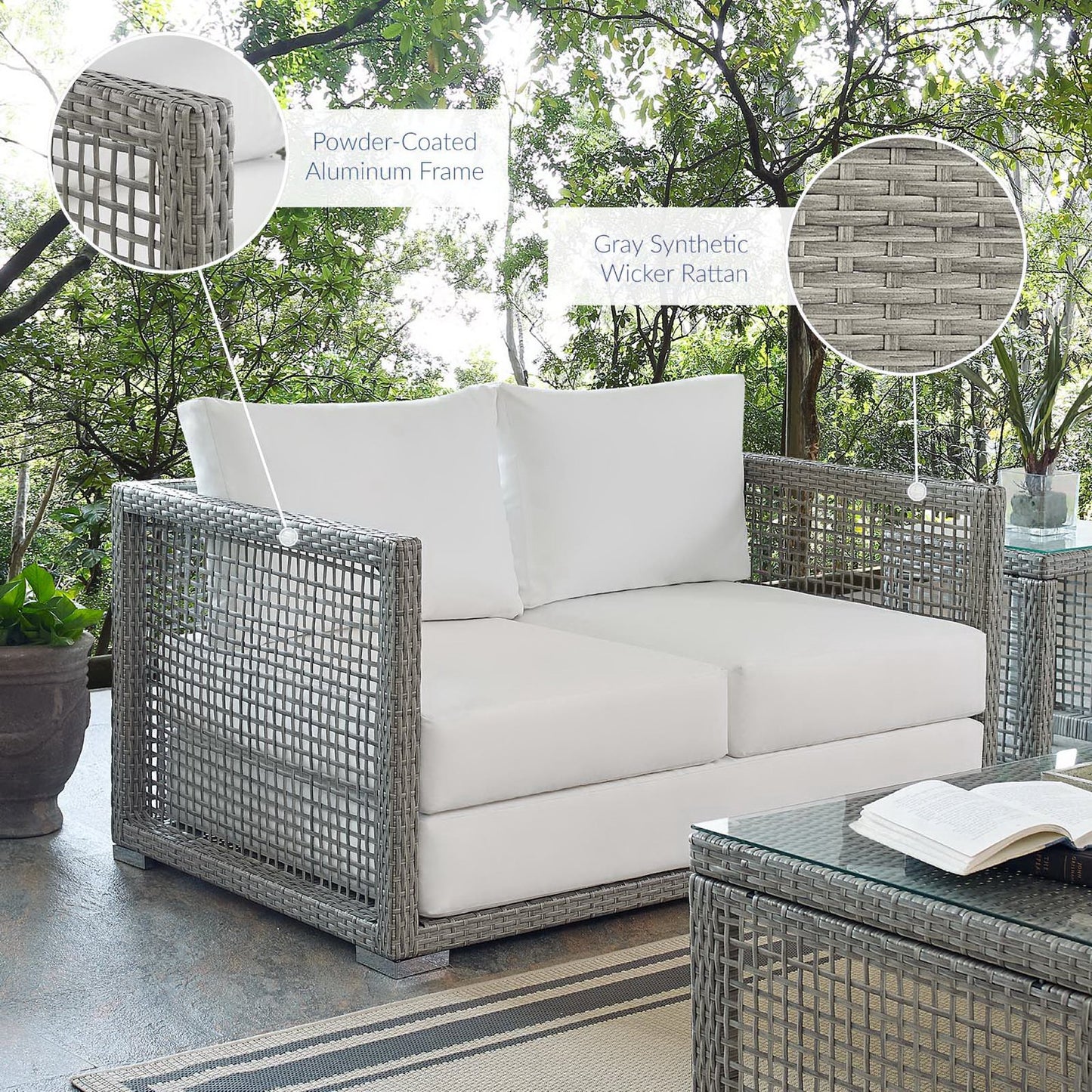 Cinder Outdoor Patio Wicker Rattan Loveseat in Gray White