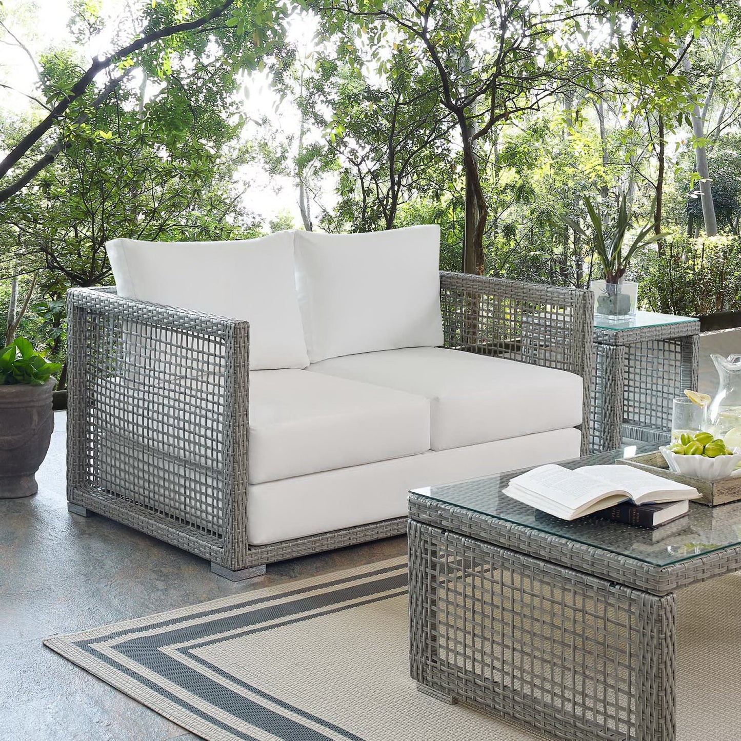 Cinder Outdoor Patio Wicker Rattan Loveseat in Gray White