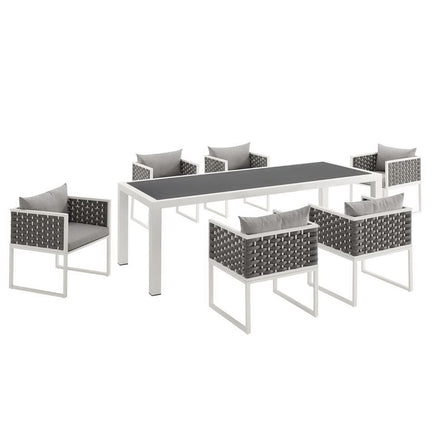 Stance 7 Piece Outdoor Patio Aluminum Dining Set in White Gray