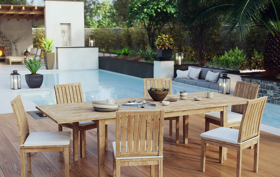 Cove 7 Piece Outdoor Patio Teak Dining Set in Natural White