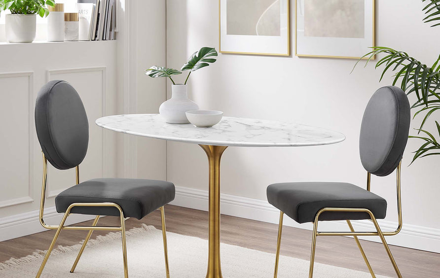 Lumen 48" Oval Faux Marble Dining Table in Gold White