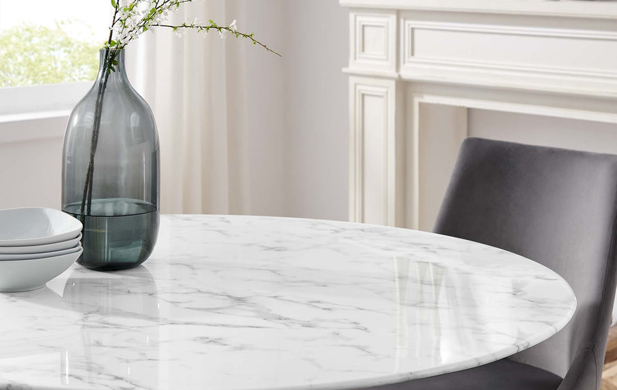 Lumen 48" Round Faux Marble Dining Table in Gold White