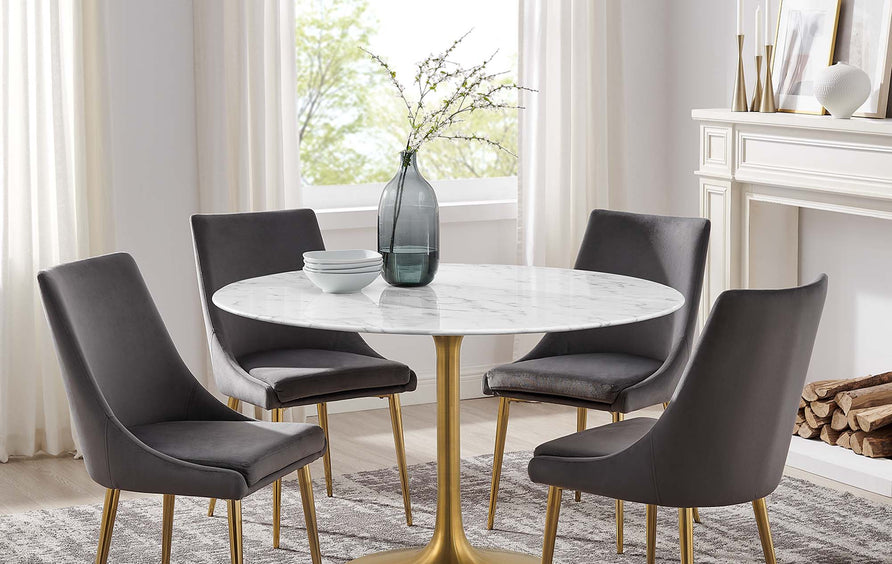 Lumen 48" Round Faux Marble Dining Table in Gold White