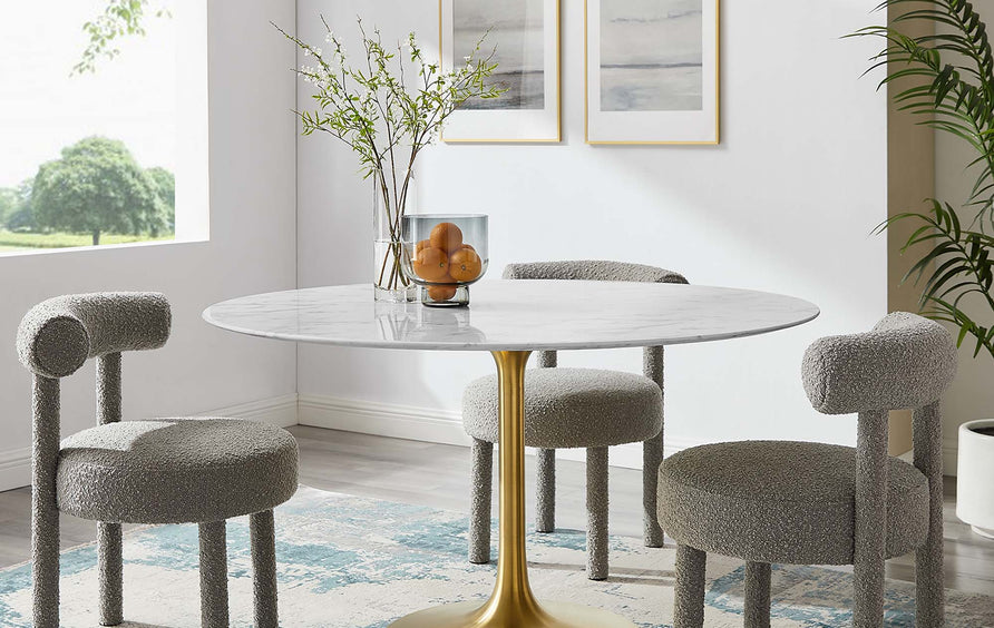 Lumen 54" Round Faux Marble Dining Table in Gold White
