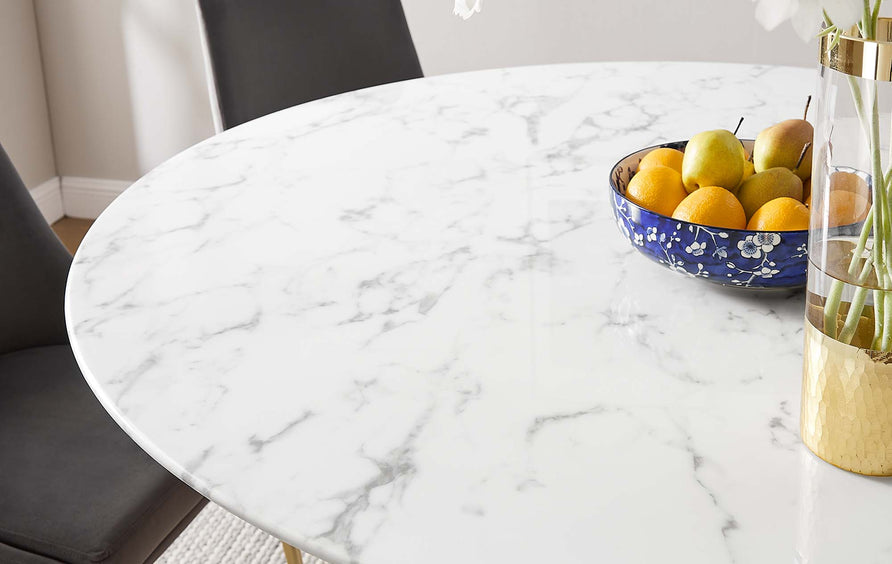Lumen 60" Round Faux Marble Dining Table in Gold White