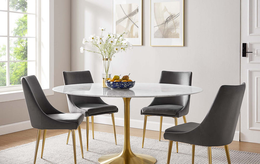 Lumen 60" Round Faux Marble Dining Table in Gold White