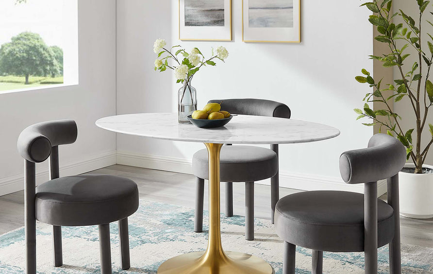Lumen 54" Oval Faux Marble Dining Table in Gold White