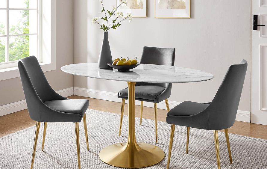 Lumen 60" Oval Faux Marble Dining Table in Gold White