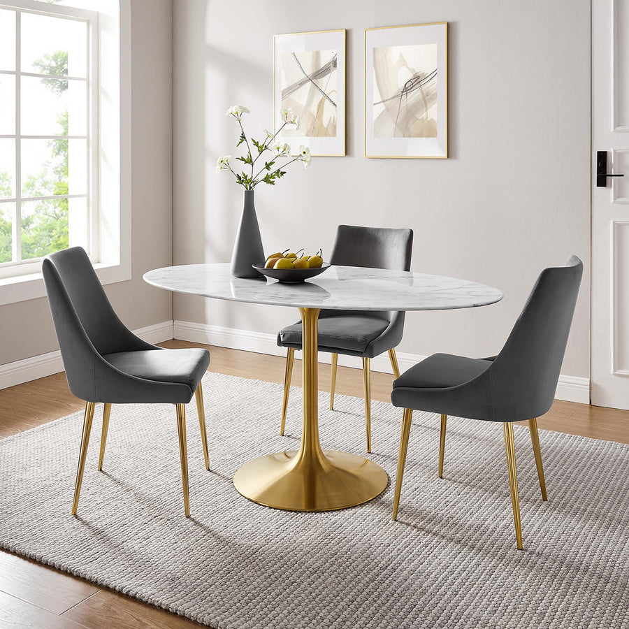 Lumen 60" Oval Faux Marble Dining Table in Gold White