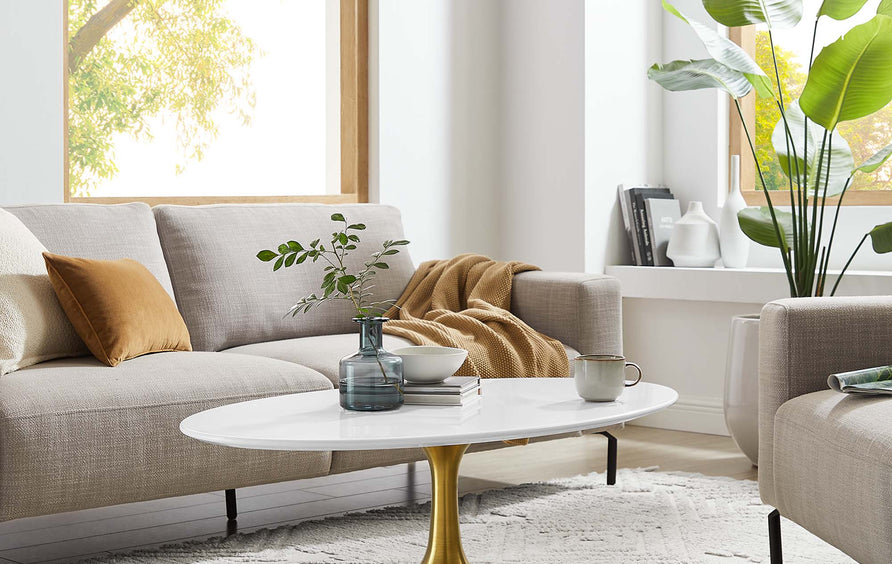 Lumen 42" Oval Wood Coffee Table in Gold White
