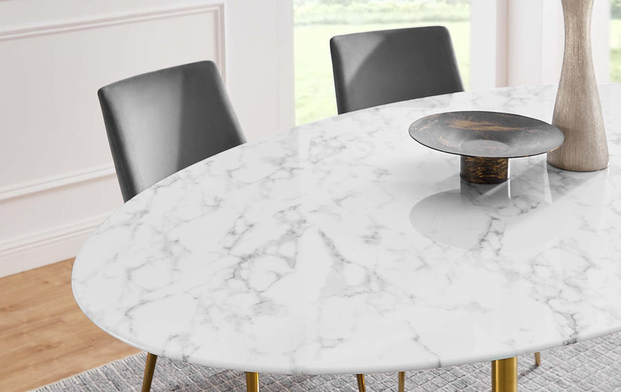 Lumen 78" Oval Faux Marble Dining Table in Gold White