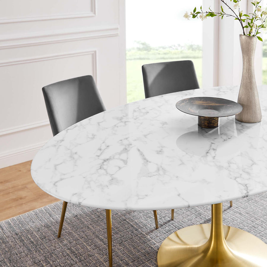 Lumen 78" Oval Faux Marble Dining Table in Gold White