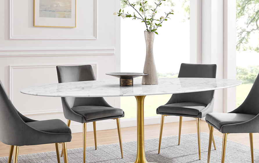 Lumen 78" Oval Faux Marble Dining Table in Gold White