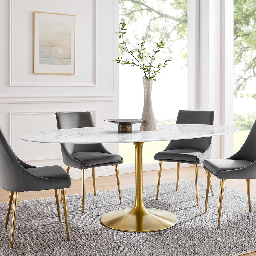 Lumen 78" Oval Faux Marble Dining Table in Gold White