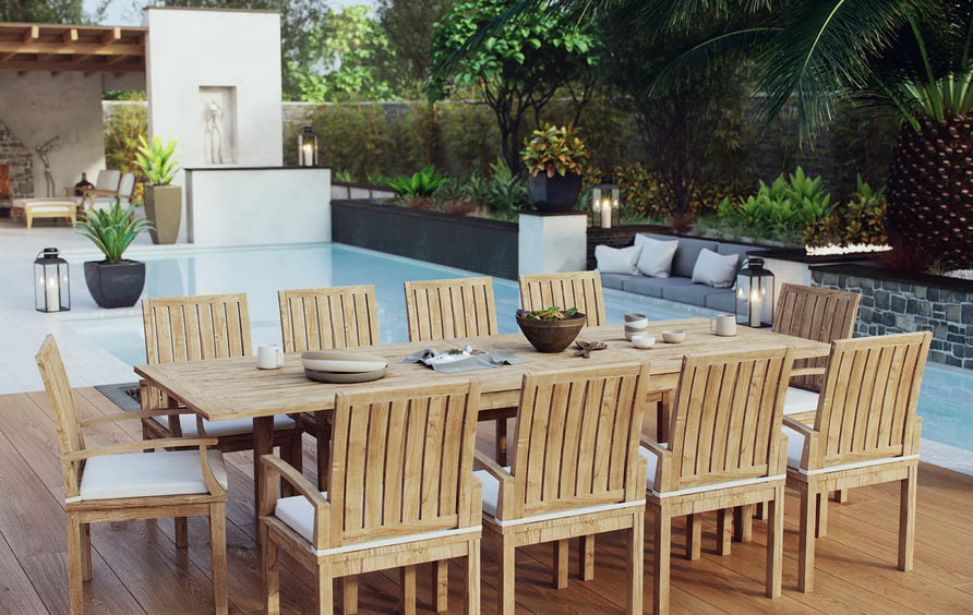 Cove 11 Piece Outdoor Patio Teak Dining Set in Natural White
