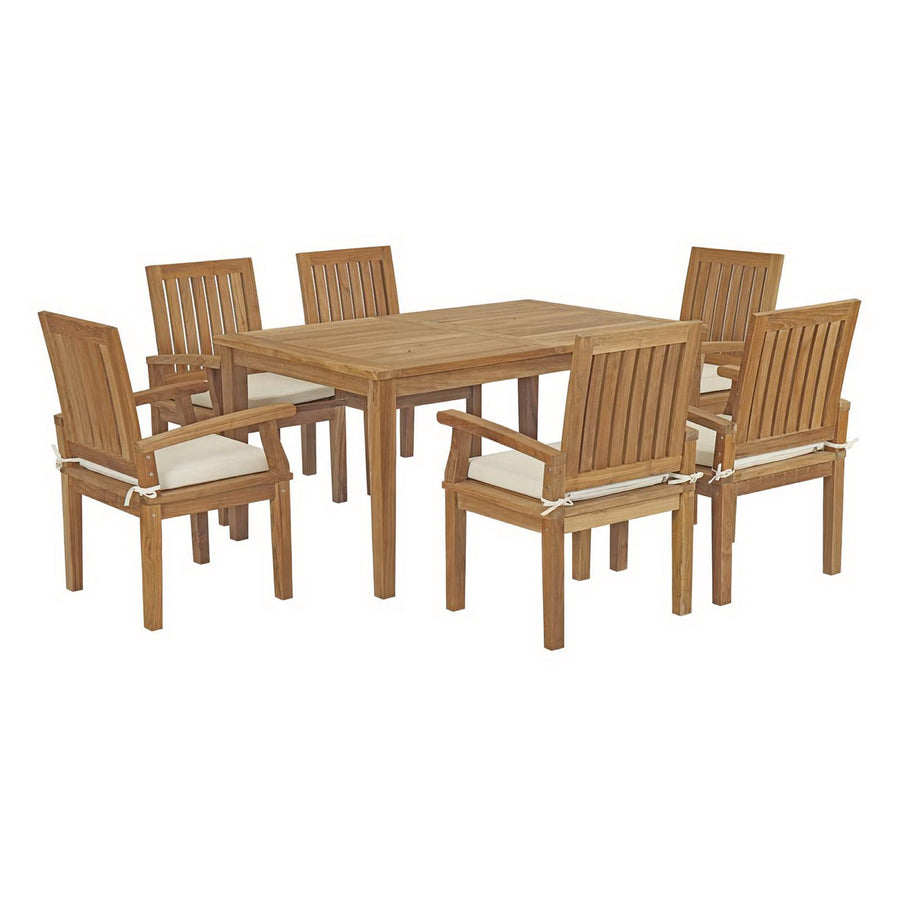 Cove 7 Piece Outdoor Patio Teak Dining Set in Natural White