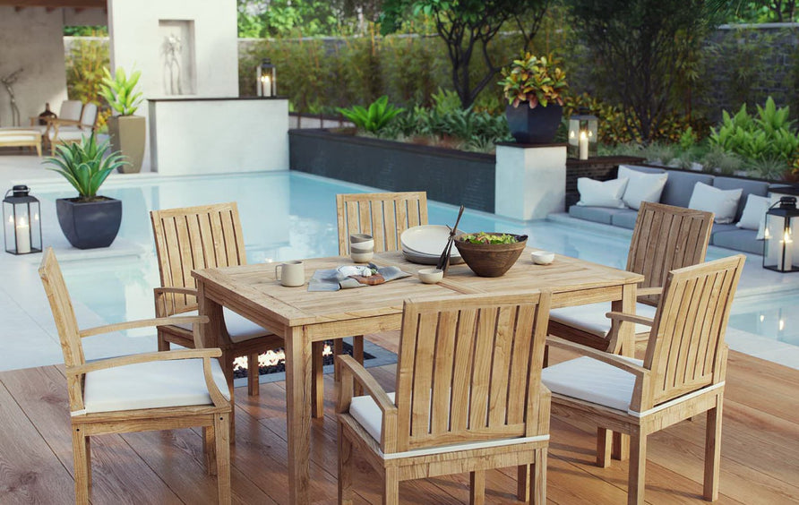 Cove 7 Piece Outdoor Patio Teak Dining Set in Natural White