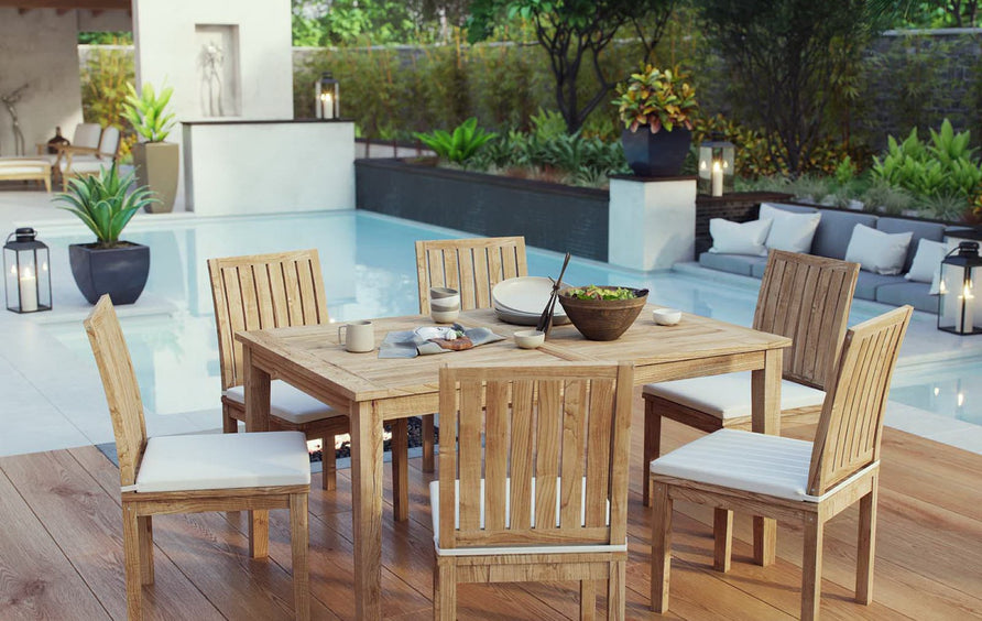 Cove 7 Piece Outdoor Patio Teak Dining Set in Natural White