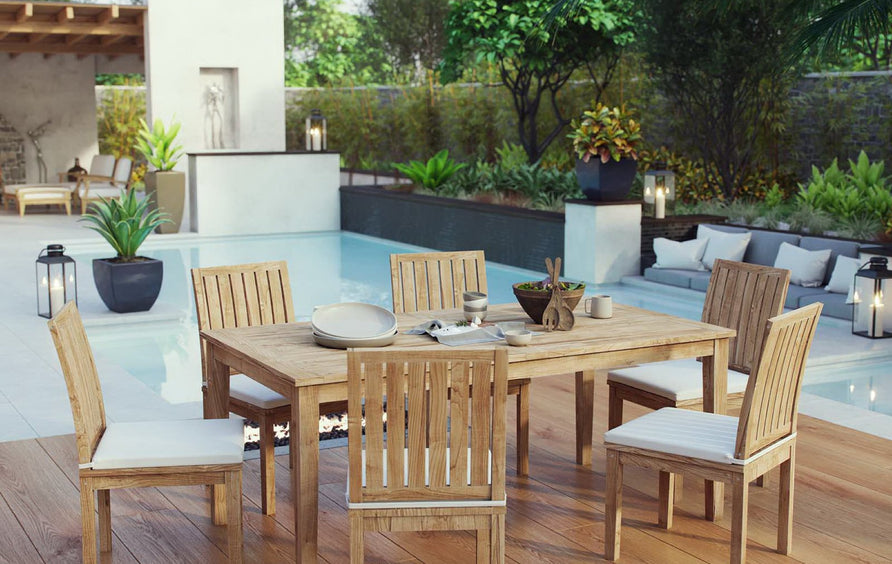 Cove 7 Piece Outdoor Patio Teak Dining Set in Natural White