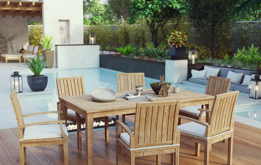 Cove 7 Piece Outdoor Patio Teak Dining Set in Natural White