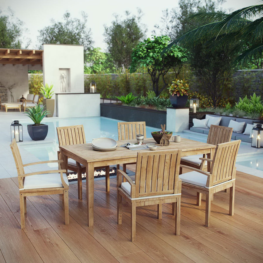 Cove 7 Piece Outdoor Patio Teak Dining Set in Natural White