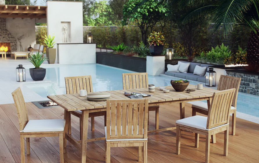 Cove 7 Piece Outdoor Patio Teak Dining Set in Natural White