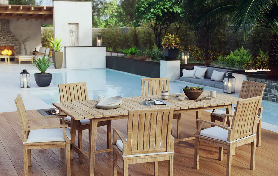 Cove 7 Piece Outdoor Patio Teak Dining Set in Natural White