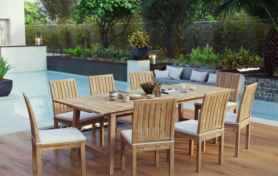 Cove 9 Piece Outdoor Patio Teak Dining Set in Natural White
