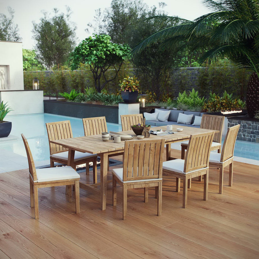 Cove 9 Piece Outdoor Patio Teak Dining Set in Natural White