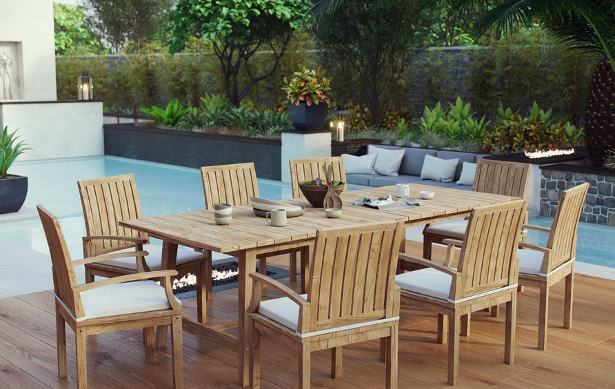 Cove 9 Piece Outdoor Patio Teak Dining Set in Natural White