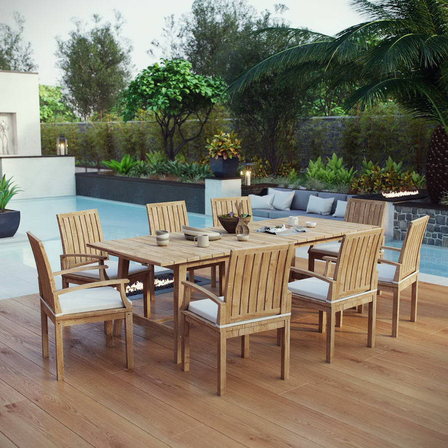 Cove 9 Piece Outdoor Patio Teak Dining Set in Natural White