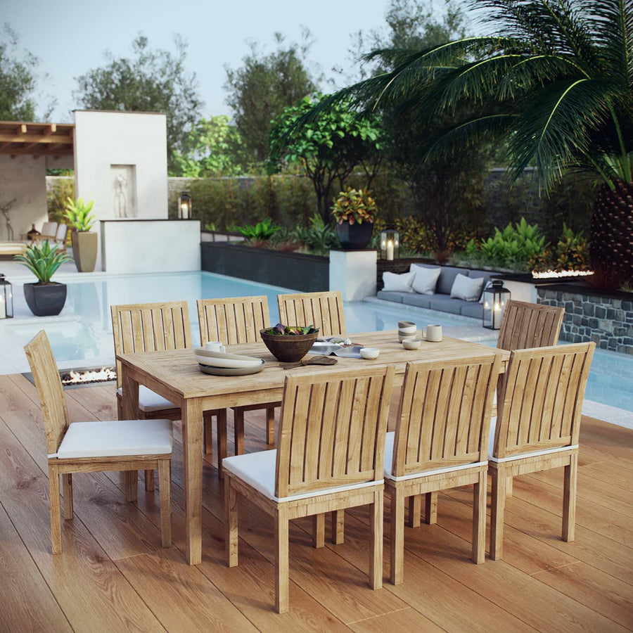 Cove 9 Piece Outdoor Patio Teak Dining Set in Natural White