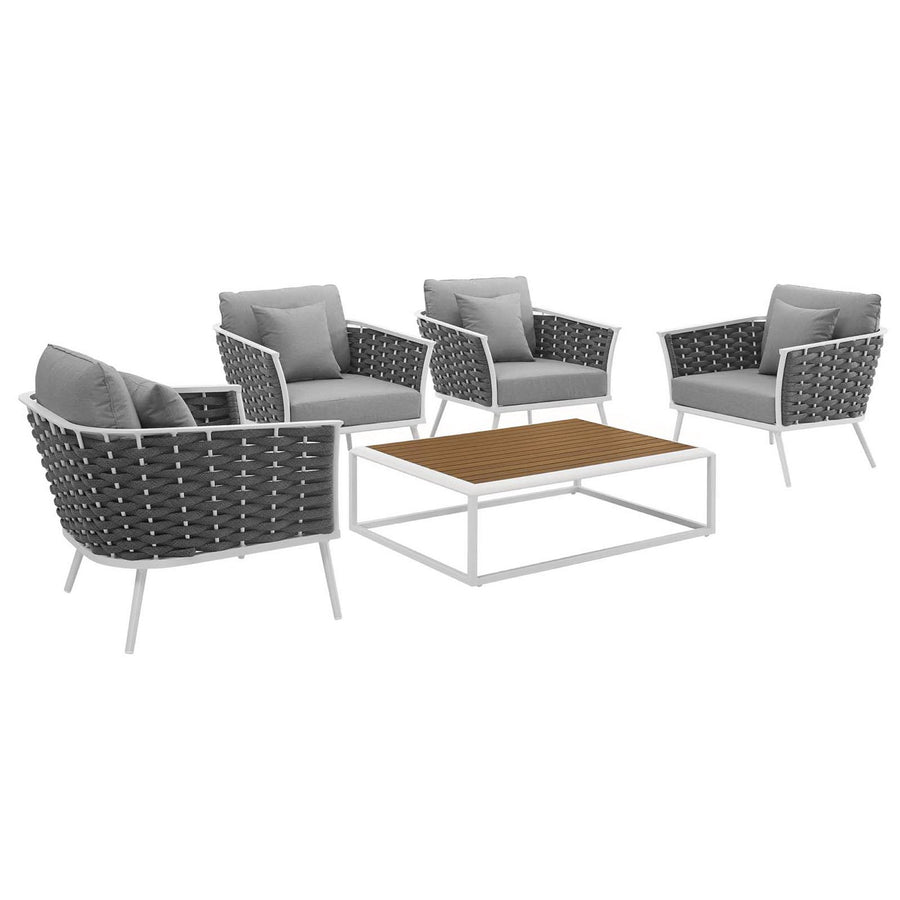 Willow 5 Piece Outdoor Patio Aluminum Sectional Sofa Set in White Gray