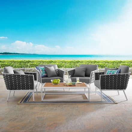 Stance 5 Piece Outdoor Patio Aluminum Sectional Sofa Set in White Gray