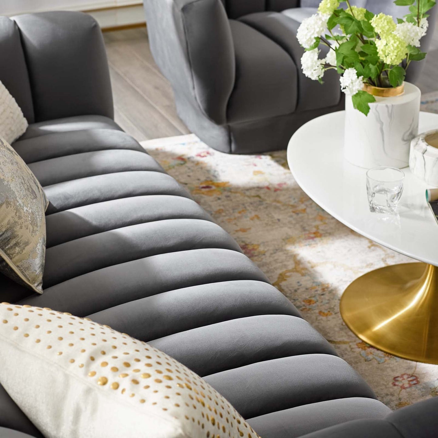 Entertain Vertical Channel Tufted Performance Velvet Sofa by Furniture for America