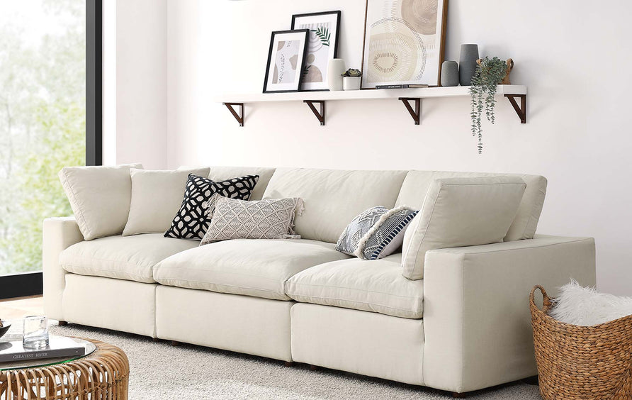 Linden 3 Piece Down Filled Overstuffed Sectional Sofa Set in Light Beige