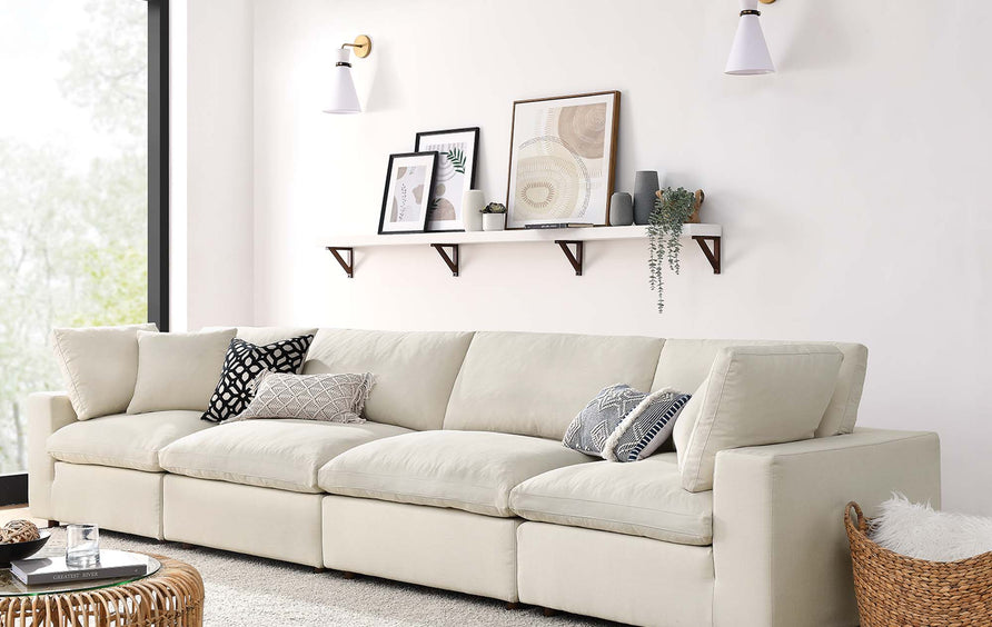 Linden 4 Piece Down Filled Overstuffed Sectional Sofa Set in Light Beige