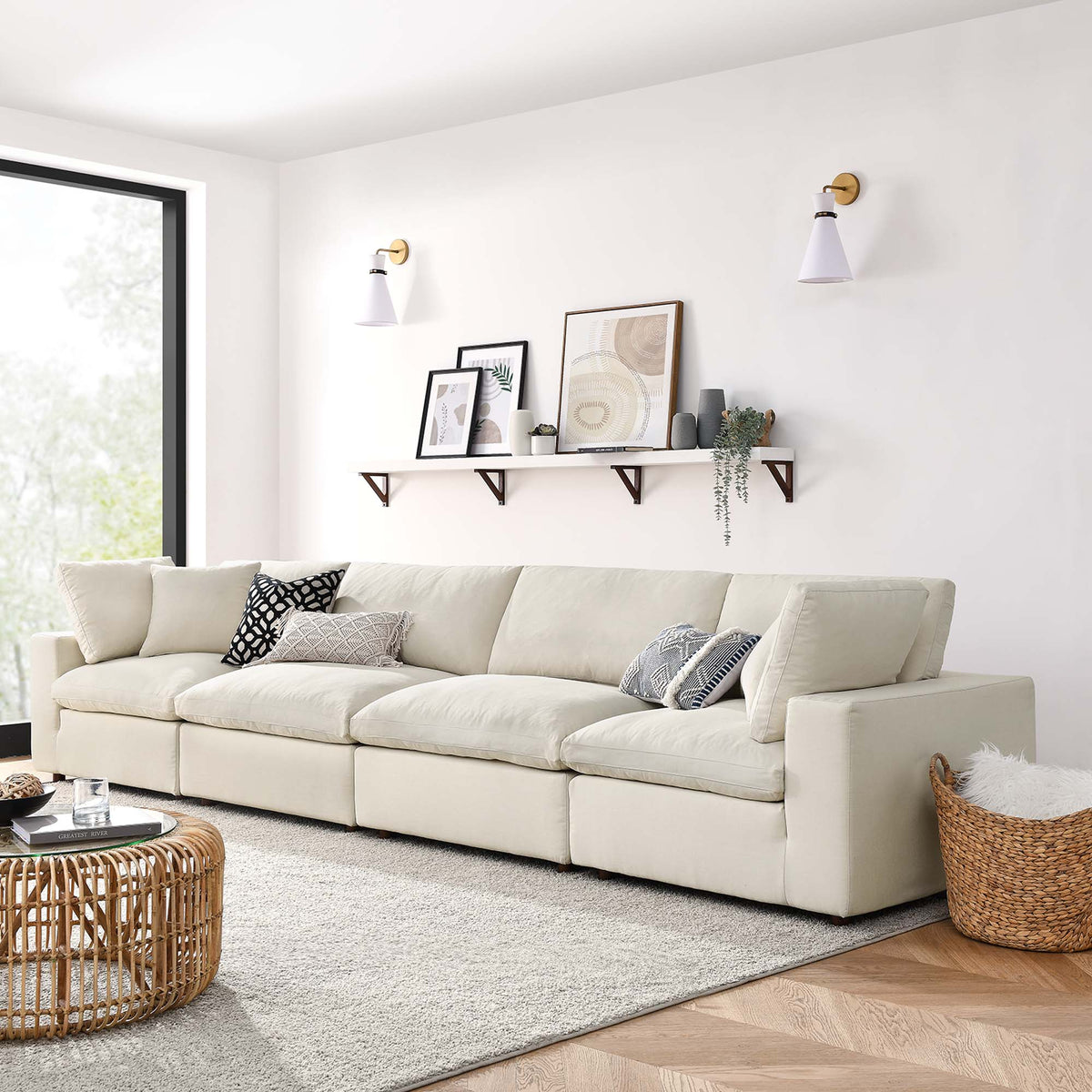 Linden 4 Piece Down Filled Overstuffed Sectional Sofa Set in Light Beige
